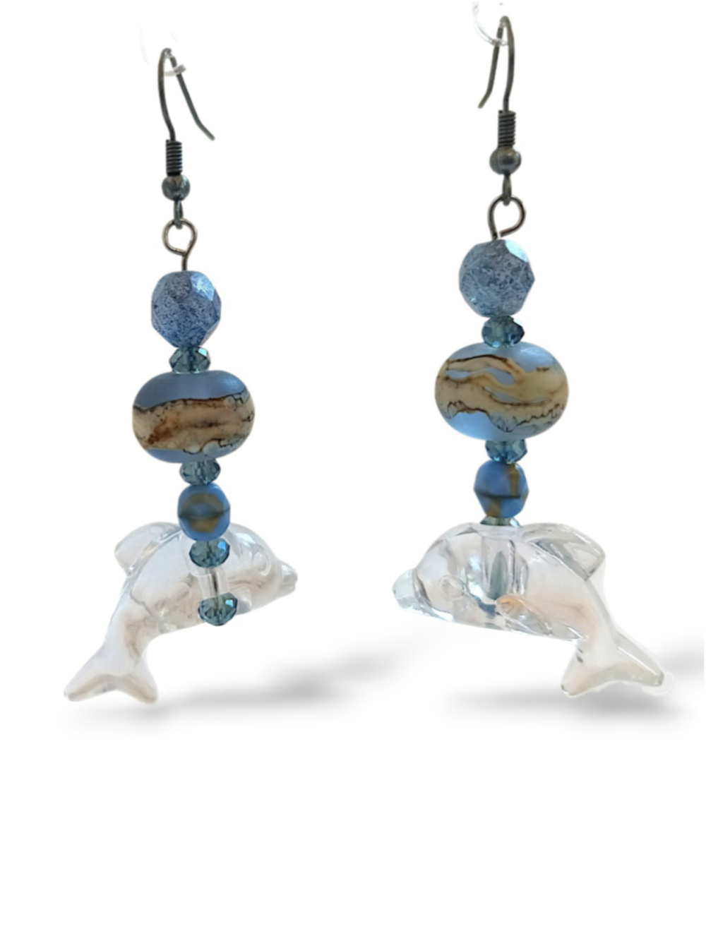 Hand Crafted Dolphin Drop Earrings Blue Clear ceramic water beads crystal Boho